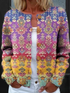 Clearance Women's Cardigan Sweater Knitted Ribbed Button Front Round Neck Long Sleeve Lightweight Elegant Vintage Daily Floral Graphic Geometric rint Knit Outdoor Daily Holiday Black Purple Spring Fall Women Cardigans & Outerwears