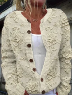Discount Women's Cardigan Sweater Knitted Ribbed Button Front Round Neck Long Sleeve Lightweight Elegant Fashion Streetwear Floral Crew Neck Print Knit Outdoor Daily Weekend White Blue Fall Winter Women Cardigans & Outerwears
