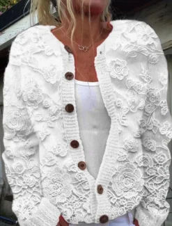 Discount Women's Cardigan Sweater Knitted Ribbed Button Front Round Neck Long Sleeve Lightweight Elegant Fashion Streetwear Floral Crew Neck Print Knit Outdoor Daily Weekend White Blue Fall Winter Women Cardigans & Outerwears