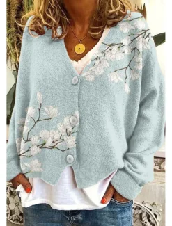 Outlet Women's Cardigan Sweater Knitted Ribbed Button Front V Neck Long Sleeve Lightweight Elegant Streetwear Graphic Geometric Buttons Print Tops Knit Outdoor Daily Weekend Navy Blue Blue Spring Fall Women Cardigans & Outerwears