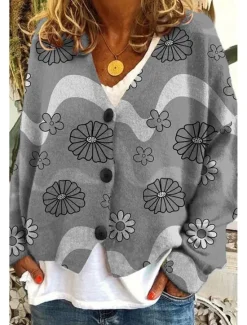Outlet Women's Cardigan Sweater Knitted Ribbed Button Front V Neck Long Sleeve Lightweight Elegant Streetwear Graphic Geometric Buttons Print Tops Knit Outdoor Daily Weekend Navy Blue Blue Spring Fall Women Cardigans & Outerwears