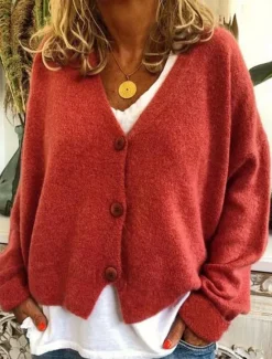 New Women's Cardigan Sweater Knitted Ribbed Button Front V NeckLong Sleeve Lightweight Elegant Fashion Streetwear Pure Color Regular Tops Knit Outdoor Daily Weekend Black Red Fall Winter Women Cardigans & Outerwears