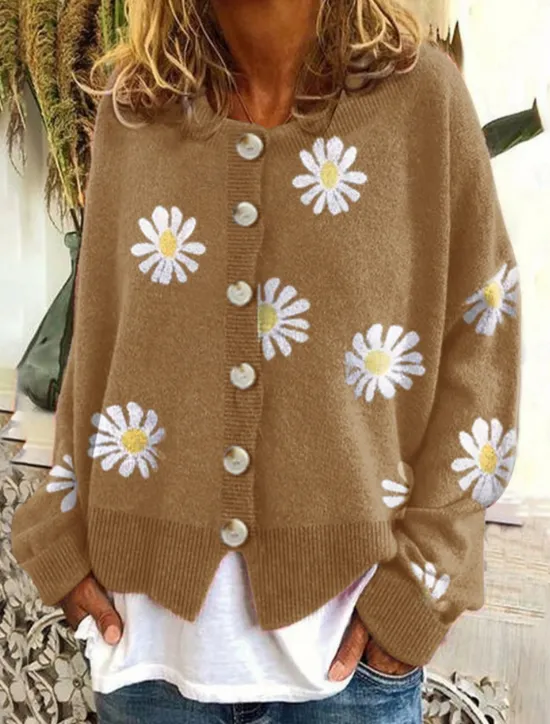 Women's Cardigan Sweater Knitted Ribbed Button Front Round Neck Long Sleeve Lightweight Elegant Fashion Streetwear Daisy Crew Neck Print Regular Tops Knit Outdoor Daily Weekend Black Blue Fall Winter Women Cardigans & Outerwears