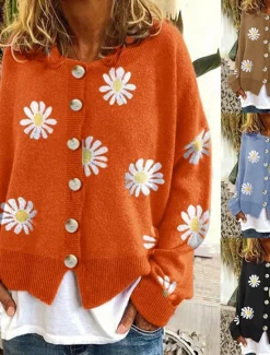 Women's Cardigan Sweater Knitted Ribbed Button Front Round Neck Long Sleeve Lightweight Elegant Fashion Streetwear Daisy Crew Neck Print Regular Tops Knit Outdoor Daily Weekend Black Blue Fall Winter Women Cardigans & Outerwears