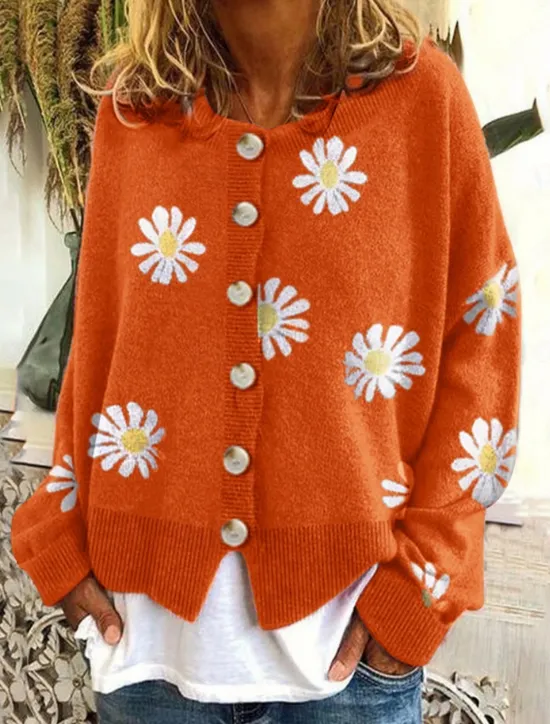 Women's Cardigan Sweater Knitted Ribbed Button Front Round Neck Long Sleeve Lightweight Elegant Fashion Streetwear Daisy Crew Neck Print Regular Tops Knit Outdoor Daily Weekend Black Blue Fall Winter Women Cardigans & Outerwears