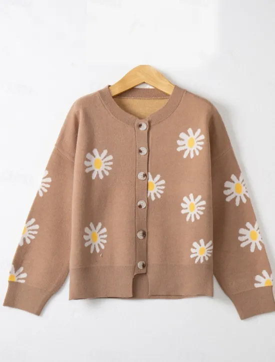 Women's Cardigan Sweater Knitted Ribbed Button Front Round Neck Long Sleeve Lightweight Elegant Fashion Streetwear Daisy Crew Neck Print Regular Tops Knit Outdoor Daily Weekend Black Blue Fall Winter Women Cardigans & Outerwears