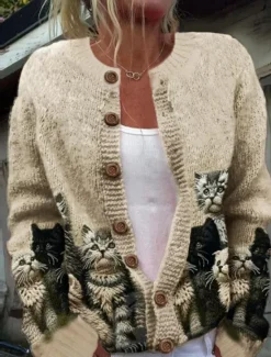 Hot Women's Cardigan Sweater Knitted Ribbed Button Front Round Neck Long Sleeve Lightweight female Daily Graphic Crew Neck Print Regular Tops Knit Weekend Pink Khaki Fall Winter Women Cardigans & Outerwears
