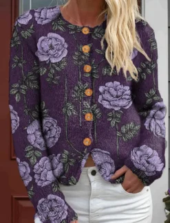 Sale Women's Cardigan Sweater Knitted Ribbed Button Front Round Neck Long Sleeve Lightweight Daily Floral Graphic Geometric Buttons Print Regular Tops Knit Outdoor Weekend Pink Purple Spring Fall Women Cardigans & Outerwears