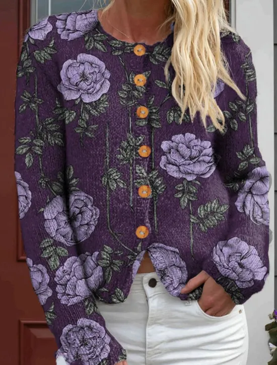 Sale Women's Cardigan Sweater Knitted Ribbed Button Front Round Neck Long Sleeve Lightweight Daily Floral Graphic Geometric Buttons Print Regular Tops Knit Outdoor Weekend Pink Purple Spring Fall Women Cardigans & Outerwears