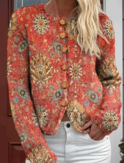 Sale Women's Cardigan Sweater Knitted Ribbed Button Front Round Neck Long Sleeve Lightweight Daily Floral Graphic Geometric Buttons Print Regular Tops Knit Outdoor Weekend Pink Purple Spring Fall Women Cardigans & Outerwears