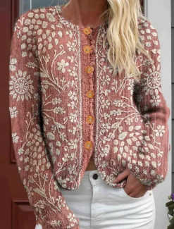 Sale Women's Cardigan Sweater Knitted Ribbed Button Front Round Neck Long Sleeve Lightweight Daily Floral Graphic Geometric Buttons Print Regular Tops Knit Outdoor Weekend Pink Purple Spring Fall Women Cardigans & Outerwears