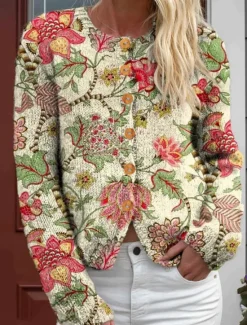 Sale Women's Cardigan Sweater Knitted Ribbed Button Front Round Neck Long Sleeve Lightweight Daily Floral Graphic Geometric Buttons Print Regular Tops Knit Outdoor Weekend Pink Purple Spring Fall Women Cardigans & Outerwears