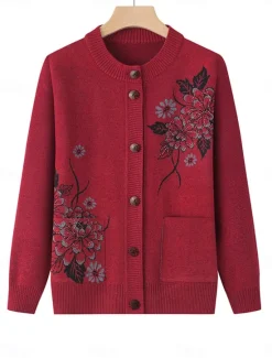 Best Women's Cardigan Sweater Stylish Casual Soft Floral Ribbed Crew Neck Buttons Pocket Long Sleeve Knit Outdoor Holiday Going out claret Grass Green Fall Winter Women Cardigans & Outerwears