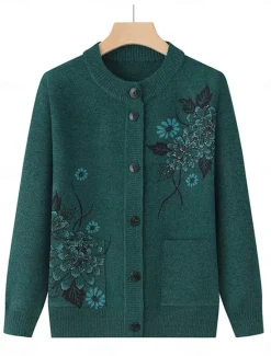 Best Women's Cardigan Sweater Stylish Casual Soft Floral Ribbed Crew Neck Buttons Pocket Long Sleeve Knit Outdoor Holiday Going out claret Grass Green Fall Winter Women Cardigans & Outerwears