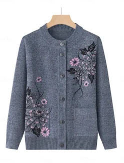 Best Women's Cardigan Sweater Stylish Casual Soft Floral Ribbed Crew Neck Buttons Pocket Long Sleeve Knit Outdoor Holiday Going out claret Grass Green Fall Winter Women Cardigans & Outerwears
