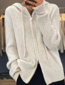 Sale Women's Cardigan Sweater Stylish Casual Soft Solid Color Ribbed Hooded Zipper Long Sleeve Regular Tops Knit Outdoor Daily Going out Black Camel Fall Winter Women Cardigans & Outerwears
