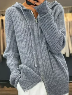 Sale Women's Cardigan Sweater Stylish Casual Soft Solid Color Ribbed Hooded Zipper Long Sleeve Regular Tops Knit Outdoor Daily Going out Black Camel Fall Winter Women Cardigans & Outerwears