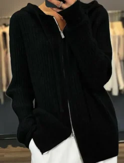 Sale Women's Cardigan Sweater Stylish Casual Soft Solid Color Ribbed Hooded Zipper Long Sleeve Regular Tops Knit Outdoor Daily Going out Black Camel Fall Winter Women Cardigans & Outerwears