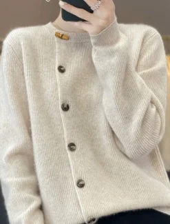 Clearance Women's Cardigan Sweater Stylish Casual Soft Solid Color Ribbed Crew Neck Patchwork Buttons Long Sleeve Regular Tops Knit Daily Going out Weekend Black Beige Fall Winter Women Cardigans & Outerwears