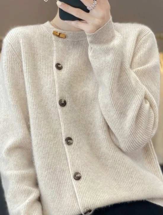 Clearance Women's Cardigan Sweater Stylish Casual Soft Solid Color Ribbed Crew Neck Patchwork Buttons Long Sleeve Regular Tops Knit Daily Going out Weekend Black Beige Fall Winter Women Cardigans & Outerwears