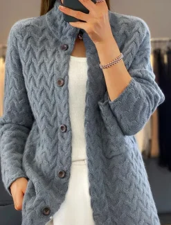 Women's Cardigan Vintage Fashion Casual Solid Color Cable Stand Collar Buttons Knitted Long Sleeve Regular Tops Knit Outdoor Daily Going out Blue Camel Fall Winter Women Cardigans & Outerwears