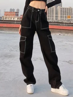 Hot Women's Cargo Pants Fashion Streetwear Full Length High Waist Plain Multi Pocket Comfy Soft Comfortable Micro-elastic Outdoor Street Black Khaki Gray Spring & Fall Regular Fit Women Pants