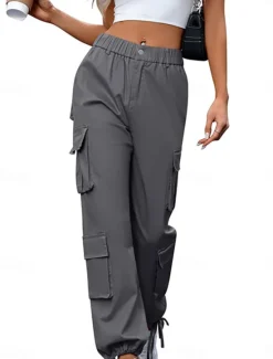 Sale Women's Cargo Pants Full Length Solid Color Black Khaki Gray Spring & Fall Women Pants
