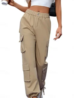 Sale Women's Cargo Pants Full Length Solid Color Black Khaki Gray Spring & Fall Women Pants