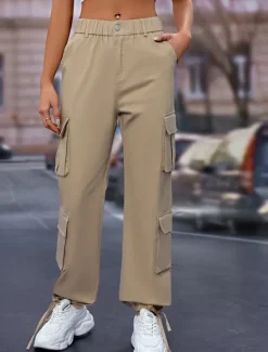 Sale Women's Cargo Pants Full Length Solid Color Black Khaki Gray Spring & Fall Women Pants