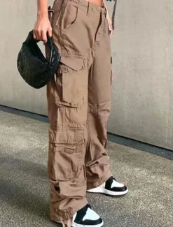 Outlet Women's Cargo Pants Full Length Solid Color Dark-Gray Green Khaki Spring & Fall Women Pants