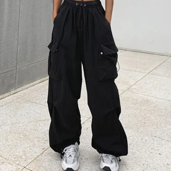 Sale Women's Cargo parachute pants Wide Leg Trousers Baggy Full Length Baggy Micro-elastic High Waist Fashion Casual Daily ArmyGreen Black S M Spring & Fall Women Pants