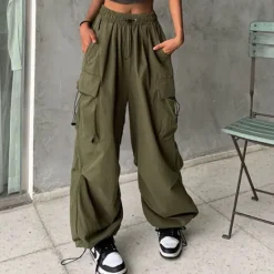 Sale Women's Cargo parachute pants Wide Leg Trousers Baggy Full Length Baggy Micro-elastic High Waist Fashion Casual Daily ArmyGreen Black S M Spring & Fall Women Pants