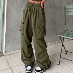 Sale Women's Cargo parachute pants Wide Leg Trousers Baggy Full Length Baggy Micro-elastic High Waist Fashion Casual Daily ArmyGreen Black S M Spring & Fall Women Pants