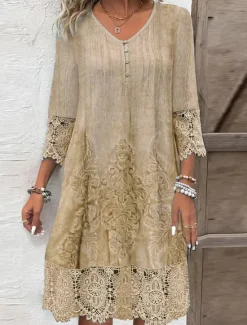 Outlet Women's Casual Dress Boho Lace Detail V-neck Three Quarter Sleeve Vintage Pattern Relaxed Fit Beige Tan Linen Blend Spring Autumn Regular Size Outdoor Daywear Women Casual Dress