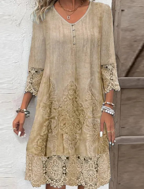 Outlet Women's Casual Dress Boho Lace Detail V-neck Three Quarter Sleeve Vintage Pattern Relaxed Fit Beige Tan Linen Blend Spring Autumn Regular Size Outdoor Daywear Women Casual Dress
