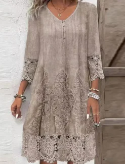Outlet Women's Casual Dress Boho Lace Detail V-neck Three Quarter Sleeve Vintage Pattern Relaxed Fit Beige Tan Linen Blend Spring Autumn Regular Size Outdoor Daywear Women Casual Dress
