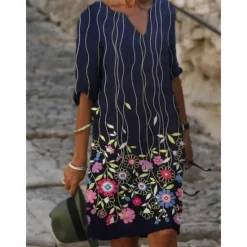 Outlet Women's Casual Dress Ethnic Dress Shift Dress Midi Dress Leopard Black White Half Sleeve Floral Print Summer Spring V Neck Basic Daily Vacation Weekend 2023 S M L XL XXL 3XL Women Floral Dresses|Spring Dresses