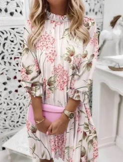 Discount Women's Casual Dress Floral Ruched Print Stand Collar Mini Dress Stylish Casual Daily Date Long Sleeve Fall Women Spring Dresses