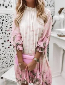 Discount Women's Casual Dress Floral Ruched Print Stand Collar Mini Dress Stylish Casual Daily Date Long Sleeve Fall Women Spring Dresses