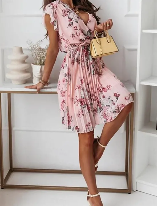 Outlet Women's Casual Dress Floral Print V Neck Mini Dress Stylish Casual Daily Date Short Sleeve Summer Women Spring Dresses