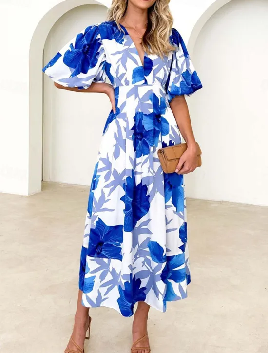 Best Women's Casual Dress Floral Leaf Print V Neck Long Dress Maxi Dress Vacation Short Sleeve Summer Women Spring Dresses