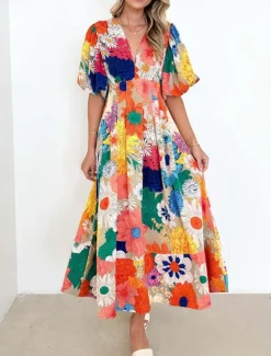 Best Women's Casual Dress Floral Leaf Print V Neck Long Dress Maxi Dress Vacation Short Sleeve Summer Women Spring Dresses