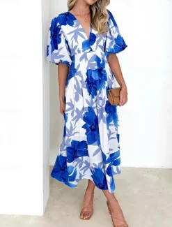 Best Women's Casual Dress Floral Leaf Print V Neck Long Dress Maxi Dress Vacation Short Sleeve Summer Women Spring Dresses