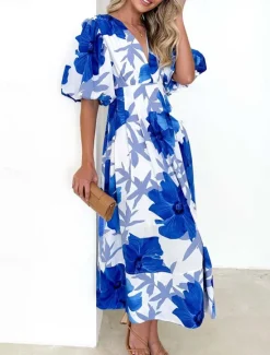 Best Women's Casual Dress Floral Leaf Print V Neck Long Dress Maxi Dress Vacation Short Sleeve Summer Women Spring Dresses