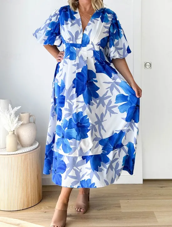 Best Women's Casual Dress Floral Leaf Print V Neck Long Dress Maxi Dress Vacation Short Sleeve Summer Women Spring Dresses
