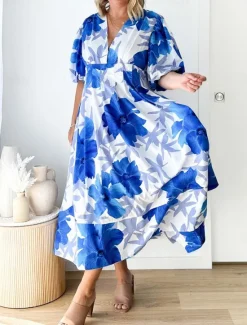 Best Women's Casual Dress Floral Leaf Print V Neck Long Dress Maxi Dress Vacation Short Sleeve Summer Women Spring Dresses