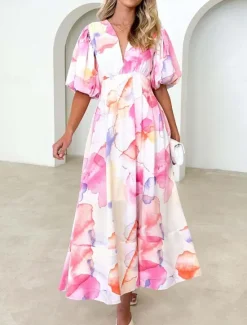 Best Women's Casual Dress Floral Leaf Print V Neck Long Dress Maxi Dress Vacation Short Sleeve Summer Women Spring Dresses