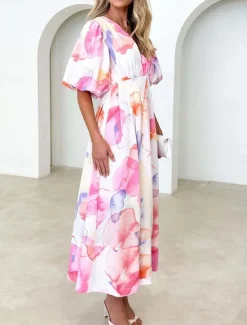 Best Women's Casual Dress Floral Leaf Print V Neck Long Dress Maxi Dress Vacation Short Sleeve Summer Women Spring Dresses
