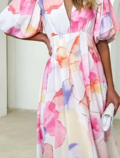 Best Women's Casual Dress Floral Leaf Print V Neck Long Dress Maxi Dress Vacation Short Sleeve Summer Women Spring Dresses