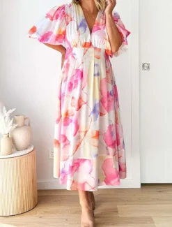 Best Women's Casual Dress Floral Leaf Print V Neck Long Dress Maxi Dress Vacation Short Sleeve Summer Women Spring Dresses